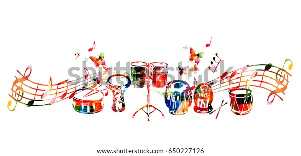 Music instruments background. Colorful drum,\
darbuka, bongo drums, indian tabla and traditional Turkish drum\
with music notes isolated vector\
illustration