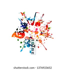 Music instruments background. Colorful piano keyboard, guitar, french horn, Portuguese guitar, microphone, saxophone, violoncello, banjo, trumpet, mandolin isolated vector illustration design