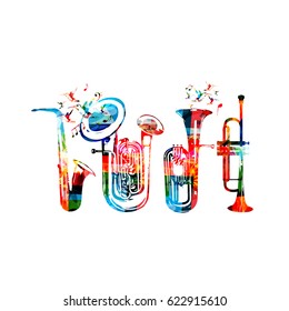 Music instruments background. Colorful saxophone, double bell euphonium, euphonium and trumpet isolated vector illustration