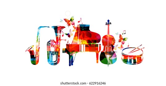 Music instruments background. Colorful saxophone, euphonium, piano, violoncello and drum isolated vector illustration