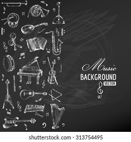 Music Instruments Background - Hand Drawn On Chalkboard - Vector