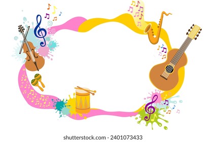 Fondo de instrumentos musicales, marco musical. Marco decorativo y colorido con notas musicales. Perfecto como fotograma, para la reserva de recortes, postales, carteles, tarjetas de invitación. Vector de marco decorativo A4 