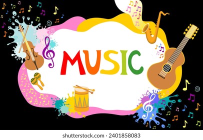 Music instruments background,  musical frame. Decorative, colored frame with music notes. Perfect as a photo frame, for scrapbooking, postcards, posters, invitation cards. Decorative frame A4 vector 