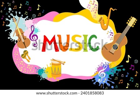 Music instruments background,  musical frame. Decorative, colored frame with music notes. Perfect as a photo frame, for scrapbooking, postcards, posters, invitation cards. Decorative frame A4 vector 