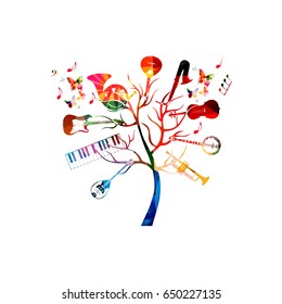 Music instruments background with tree. Colorful guitar, piano keyboard, french horn, saxophone, trumpet, violoncello, banjo, traditional Portuguese guitar and bouzouki