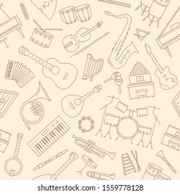 Music instruments background - Vector seamless pattern of string, guitar, piano, keyboard, wind, percussion, drum, for graphic design