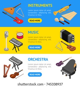 Music Instruments Banner Horizontal Set Isometric View Rock, Jazz and Classic Sound. Vector illustration