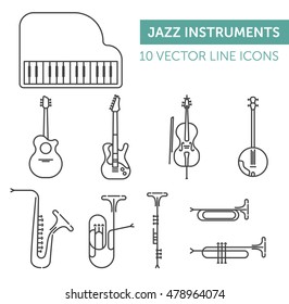 Music instruments. Black line vector icons set on white background.