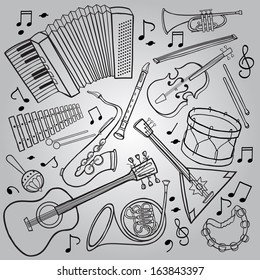 Music Instruments. Black and White outline. SET. Hand drawn. Great illustrations for School and Pictures Books, magazines, advertising and more. VECTOR.