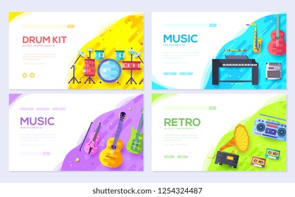 Music instruments brochure card set. Audio tools template of flyear, web banner, ui header, enter site. Concert layout invintation modern 