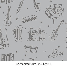 Music instruments cartoon vector seamless pattern