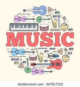 Music instruments circle concept. Icons design for your product or design, web and mobile applications. Vector thin lines illustration background