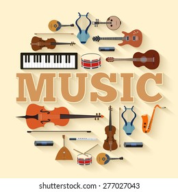 Music instruments circle infographics template concept. Icons design for your product or design, web and mobile applications. Vector flat with long shadow illustration background