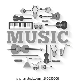 Music instruments circle infographics template concept. Icons design for your product or design, web and mobile applications. Vector flat with long shadow illustration background