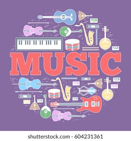 Music instruments circle infographics template concept. Icons design for your product or design, web and mobile applications. Vector flat with long shadow illustration background