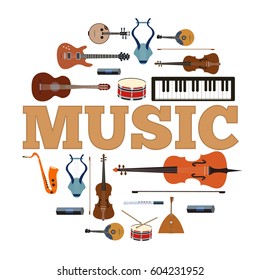 Music instruments circle infographics template concept. Icons design for your product or design, web and mobile applications. Vector flat with long shadow illustration background