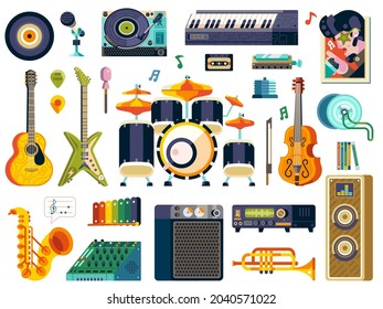 Music instruments collection with amplifier, electric guitar, saxophone, rock star poster, audio system and other musical icons. Recording studio elements set in flat design.