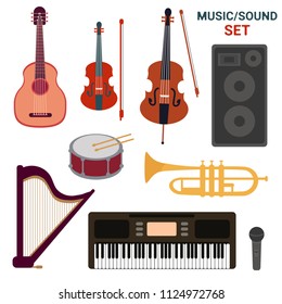 Music instruments collection on white background. Set of vector illustrations about sound.