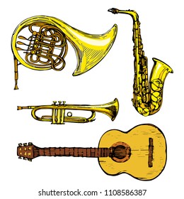 Music instruments collection set:
french horn, trumpet, saxophone, guiter. Isolated on white background hand drawn colorful sketch stock vector illustration