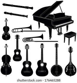 Music instruments collection - vector silhouette illustration 