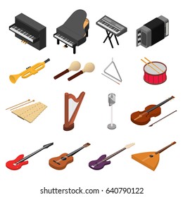 Music Instruments Color Icons Set Isometric View Rock, Jazz and Classic Sound. Vector illustration
