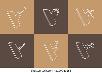 music instruments coming out from mobile icon line vector art with brown background