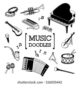 Music Instruments Doodle. Hand writing of music instruments
