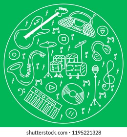 Music instruments in doodle style with saxophone, guitar, musical player, microphone, drum kit, headphones, disk and musical buttons. Vector illustration on greenbackground.