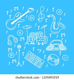 Music instruments in doodle style with saxophone, guitar, musical player, microphone, drum kit, headphones, disk and musical buttons. Vector illustration on blue background.