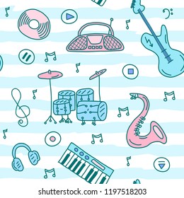 Music instruments in doodle style with saxophone, guitar, musical player, microphone, drum kit, headphones, disk and musical buttons. Seamless pattern with colorful symbol