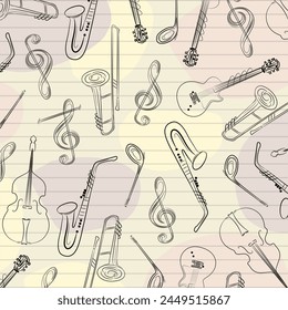 Instrumentos musicales Elementos sax trombón notas bajo doodle línea de dibujos animados diseño de arte abstracto.