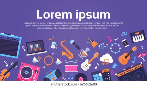 Music Instruments And Equipment Electronics Icons Banner With Copy Space Flat Vector Illustration