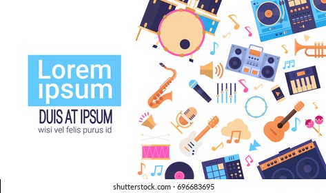Banner De Iconos Electrónicos De Instrumentos De Música Y Equipo Con Ilustración De Vector Plano De Espacio De Copia