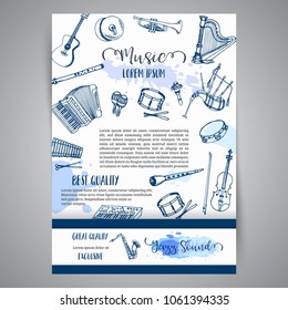 Music Instruments, Music festival brochure Jazz flyer design. Hand drawn drum, piaono, violin, guitar and saxophone on paint splashes.