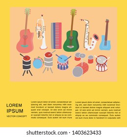 Music instruments festival poster template. Space for tetx. Rock, jazz concert, vector design brochures, flyers or cards. Vector
