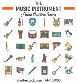 Music instruments filled outline icon set, audio symbols collection, musical tools vector sketches, logo illustrations, signs colorful line pictograms package isolated on white background, eps 10.