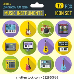 Music instruments flat long shadow circle icon set. Vector trendy illustrations. 