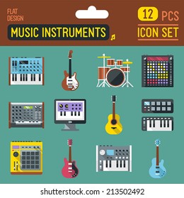 Music instruments flat long shadow icon set. Vector trendy illustrations. 