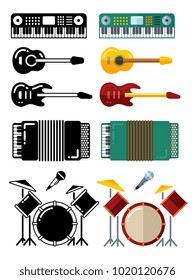 Music instruments, flat silhouettes icons isolated on white background. Vector illustration