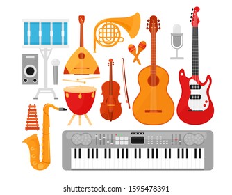 Music instruments flat vector illustrations set. Acoustic and electric guitars isolated on white background. Percussion, string and wind instruments pack. French horn, synthesizer, violin, drums.