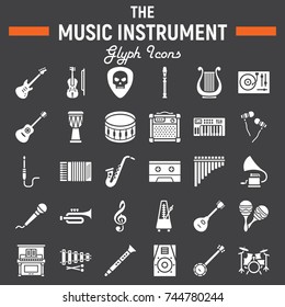 Music instruments glyph icon set, audio symbols collection, musical tools vector sketches, logo illustrations, signs solid pictograms package isolated on black background, eps 10.