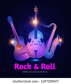 Music Instruments, Guitar, Double Bass and Saxophone. Rock N Roll Concert Design Template. Vector illustration