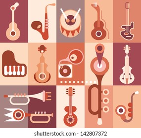 Music instruments guitar, piano, saxophone, violin, trumpet and drum. Vector illustration.