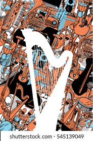 Music Instruments. Hand drawn illustration in doodle style. 