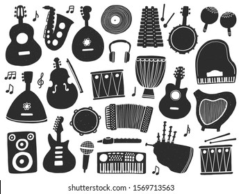 Music instruments hand drawn vector illustrations set. Musical items stylized grunge silhouettes collection. Piano, guitar, flute, drum, saxophone, violin, accordion. Poster, banner design element.