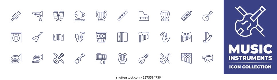 Music instruments icon collection. Duotone color. Vector illustration. Containing clarinet, wind instrument, african drum, musical instrument, harp, flute, grand piano, drum, melodica, guitar, gong.