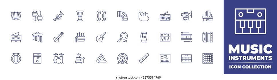 Music instruments icon collection. Duotone color. Vector illustration. Containing accordion, maracas, trumpet, drum, qarqaba, bagpipes, piano, organ, grand piano, chimes, sitar, bagpipe, rock and roll