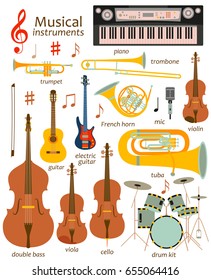 Music instruments icon set.  Vector flat illustration