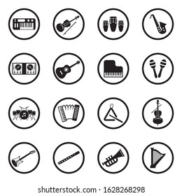 Music Instruments Icons. Black Flat Design In Circle. Vector Illustration.