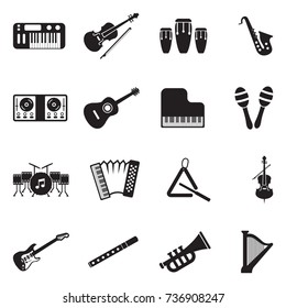 Music Instruments Icons. Black Flat Design. Vector Illustration. 